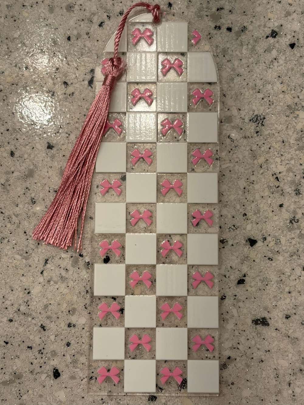 Pink Bow Checkered Bookmark with Tassel